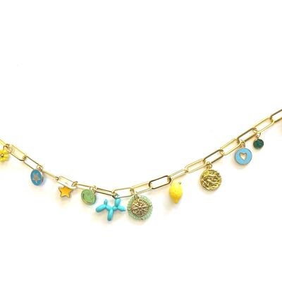 Necklace gold charms turquois yellow