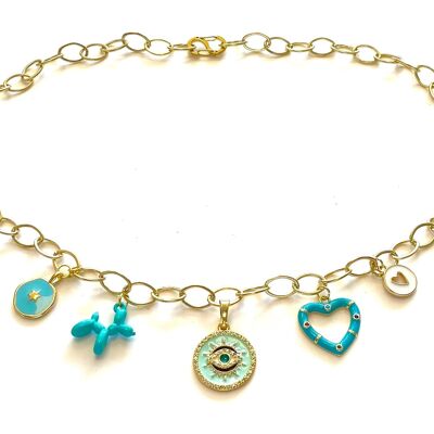 Necklace gold charms turquois