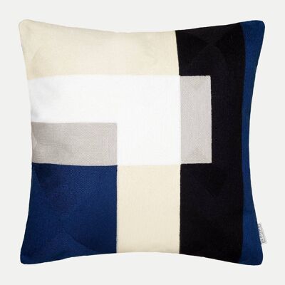 Embroidered Geometric Cushion Cover in Navy Blue