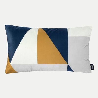 Printed Velvet Rectangle Cushion Cover in Mustard and Navy