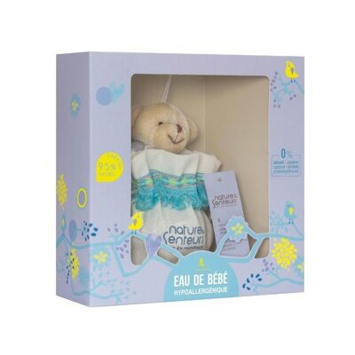 Estuche Regalo Eau de Bebe hipoalergénica 50ML + Fundita de algodón y Peluche - Versión Niño (6 + 1 tester)