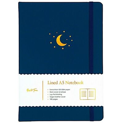 Liniertes Notizbuch – A5 – Mond und Sterne – Mitternachtsblau
