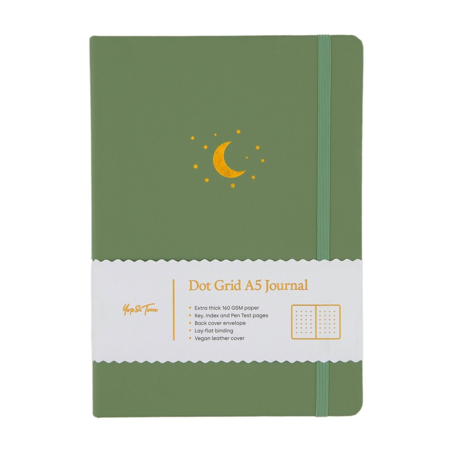 A5 Dot Grid Journal – Mond und Sterne – Salbeigrün