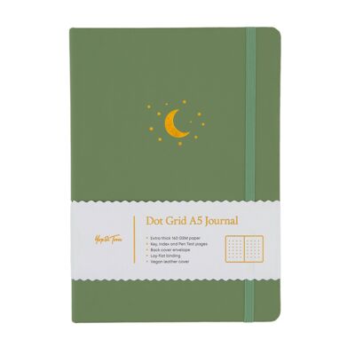 Journal quadrillé A5 - Lune et étoiles - Vert sauge