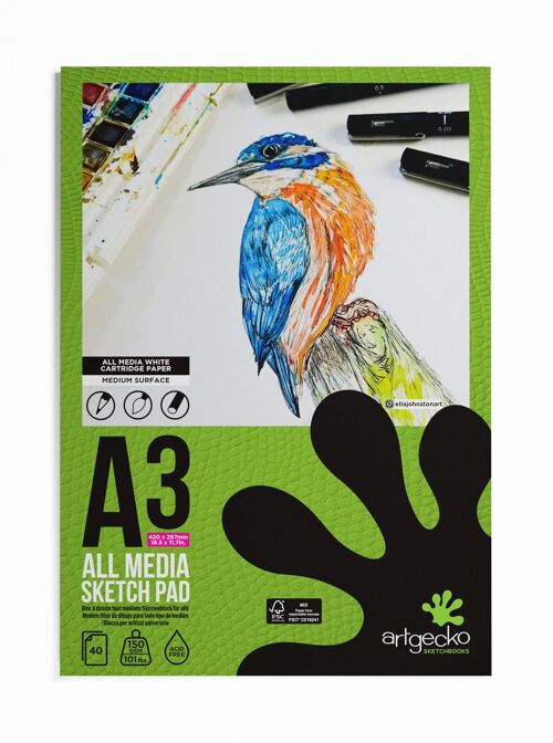 Artgecko Pro All Media Sketchpad A3 Portrait - 40 Sheets 150gsm White Cartridge Paper