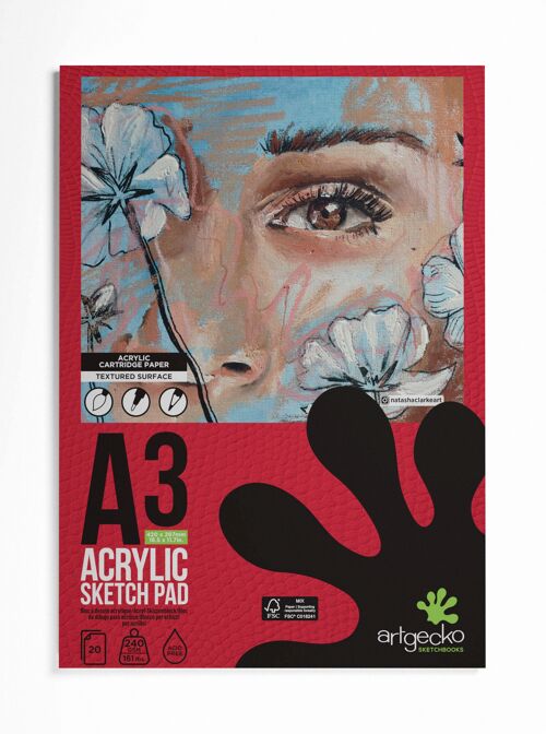 Artgecko Pro Acrylic Sketchpad A3 Portrait - 20 Sheets 240gsm White Cartridge Paper