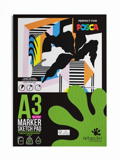 Artgecko Pro Marker Sketchpad A3 Portrait - 30 Sheets 250gsm White Cartridge Paper