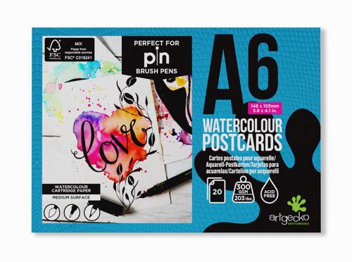 Artgecko Pro Watercolour Postcards A6 - 20 Sheets 300gsm White Cartridge Paper