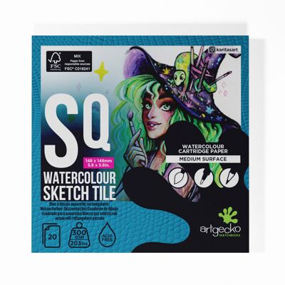 Artgecko Pro Watercolour Sketch Tile 148mm Square - 20 Sheets 300gsm White Cartridge Paper