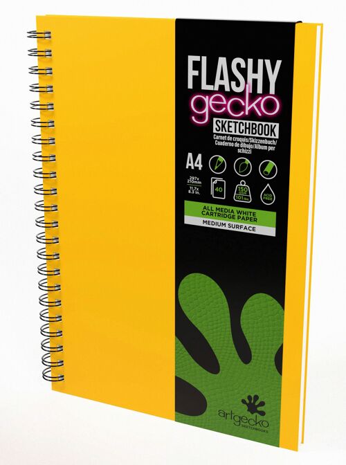 Artgecko Flashy Sketchbook (Yellow) A4 Portrait - 80 Pages (40 Sheets) 150gsm White Cartridge Paper