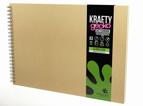 Artgecko Krafty Sketchbook A3 Landscape - 80 Pages (40 Sheets) 150gsm White Cartridge Paper