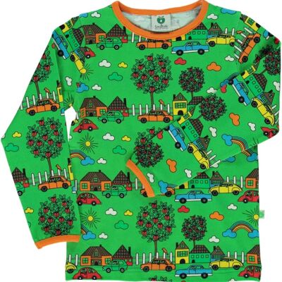 T-shirt LS. City house with cars Green