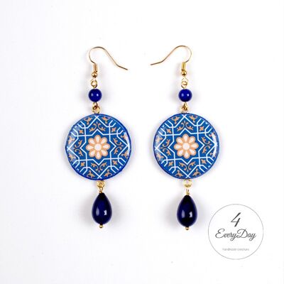 Boucles d'oreilles : Majolique jaune et bleue avec fleur