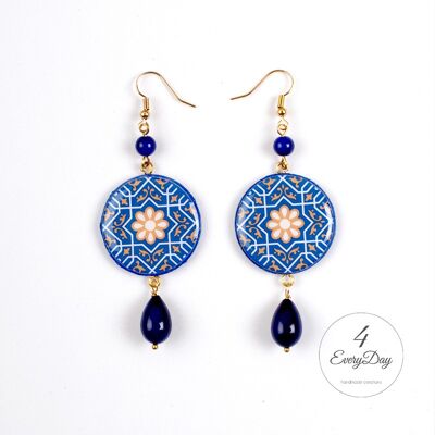 Earrings : Yellow and blue majolica with flower