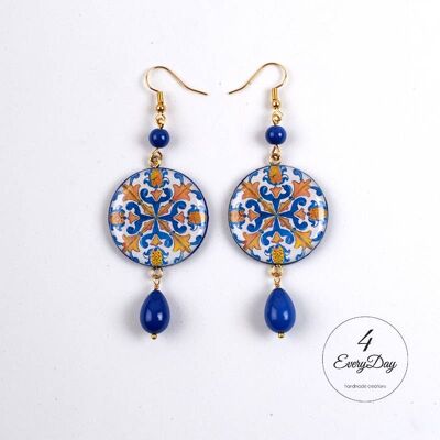 Boucles d'oreilles : Faïence bleue et jaune