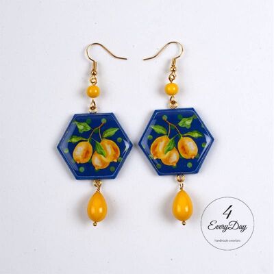 Earrings : Majolica lemons polka dots blue background hexagons