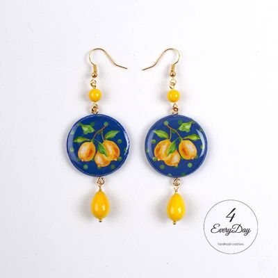 Earrings : Majolica lemons polka dots blue background