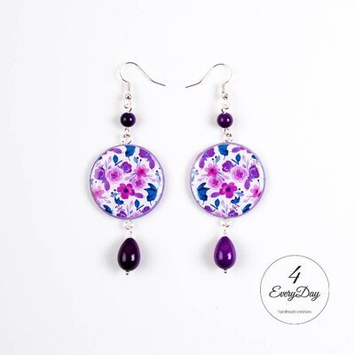 Boucles d'oreilles bois et résine - fleurs violettes et roses