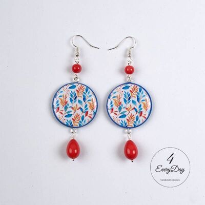 Earrings : blue and orange leaves