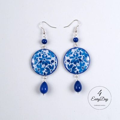 Earrings: blue flowers on a white background