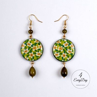 Earrings: white flowers and green background