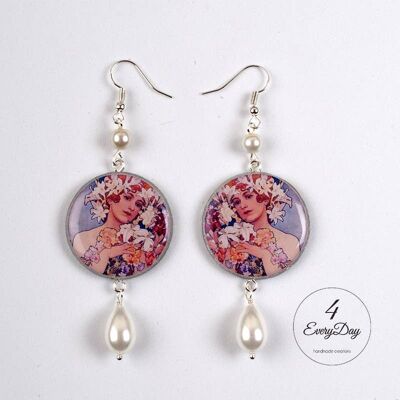 Earrings : poster of the flower series by Alphonse Mucha