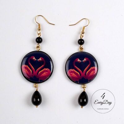 Earrings: flamingos on a black background