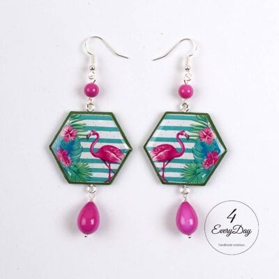 Earrings : Flamingo green stripes hexagon