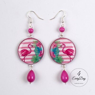 Earrings : Round pink striped flamingo