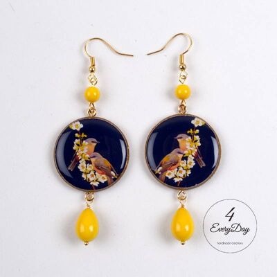 Earrings: goldfinches on a black background