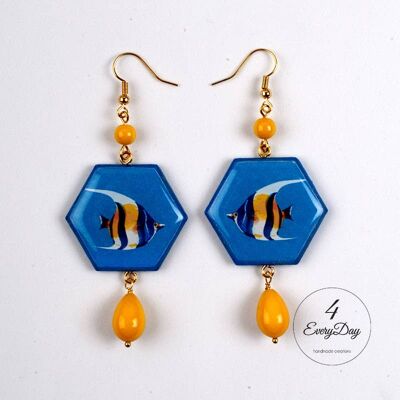 Earrings: fish on blue hexagon background