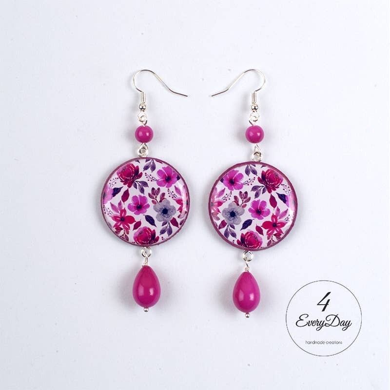 Pendientes: flores fucsias y grises