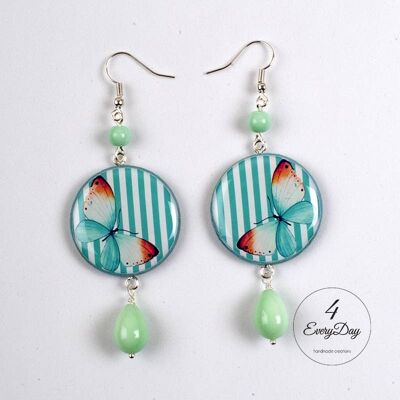 Earrings: Butterfly on round blue lines
