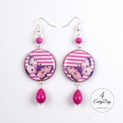 Earrings : Butterfly on pink stripes