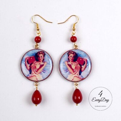 Wooden earrings with red pin up brunette girl