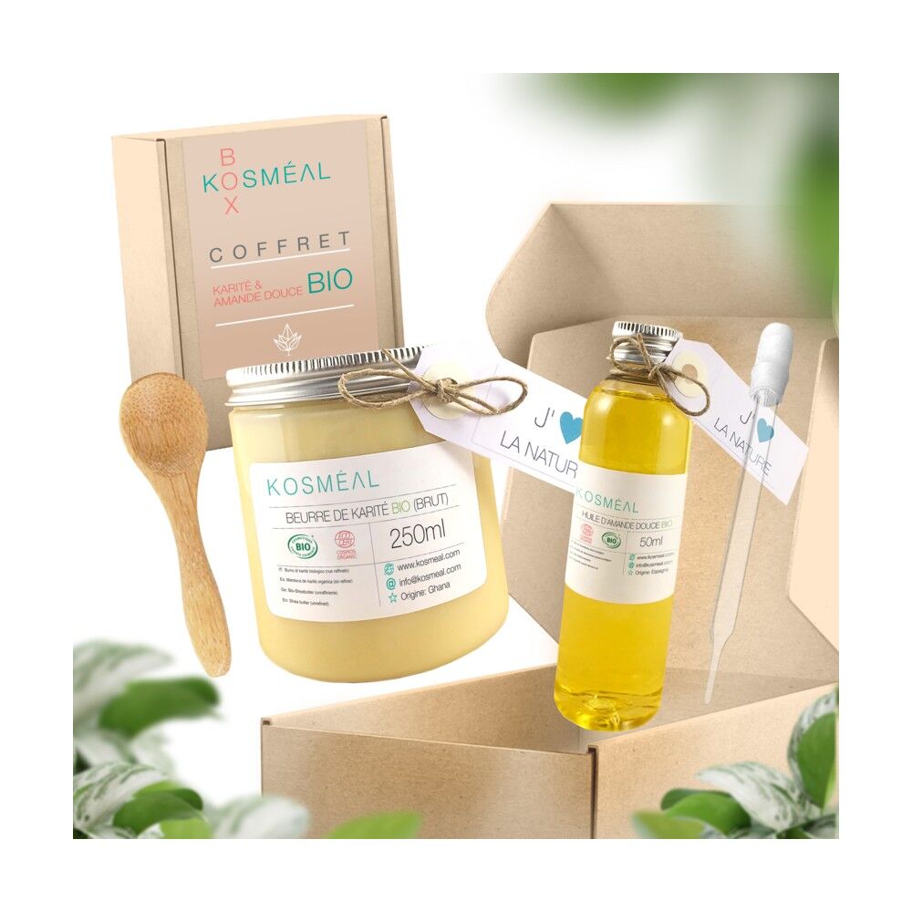 KOSMEAL | Confezione regalo biologica | Burro di Karitè CRUDO e Olio di Mandorle Dolci | Certificato COSME BIO ed Ecocert