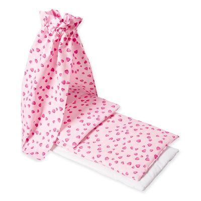 Doll bedding for doll cradles with canopy 'Herzchen', pink, 4-piece.