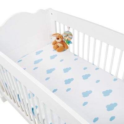 Draps-housses en jersey pour lit d'enfant en lot de 2 'Nuages', bleu clair et uni, blanc