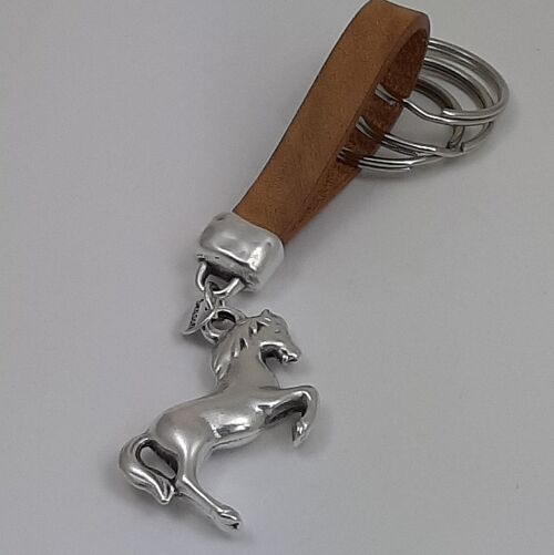 Leather key ring I love horses cognac