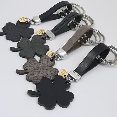 Keychain clover 4 antracita leather with text
