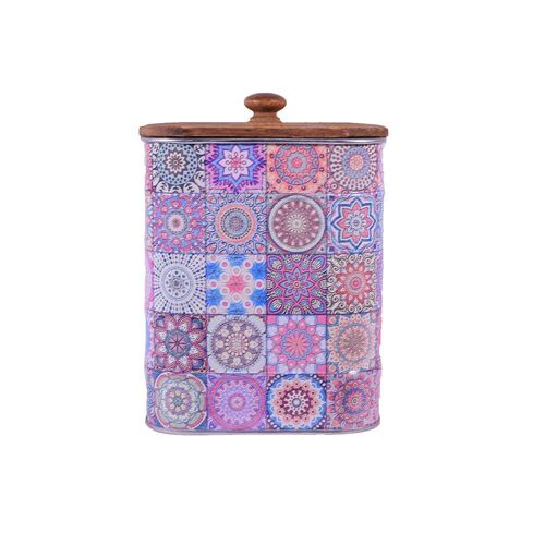 Boho Metal Tin Storage Box with Wooden Lid