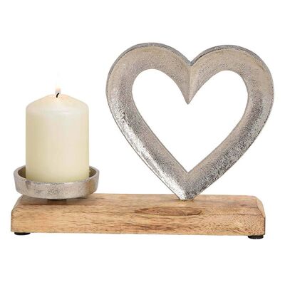 Candle holder, heart, metal, mango wood, silver 24x18x8cm
