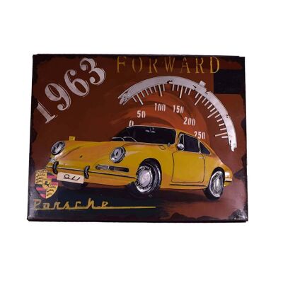 Wandgemälde aus Metall mit gelbem Auto von 1963 65 cm