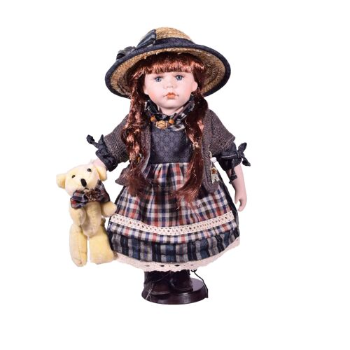 Porcelain Traditional Doll Girl with Wooden Stand 30.5cm