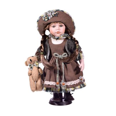 Bambola Tradizionale in Porcellana Bambina con Piedistallo in Legno 30,5cm - mod4