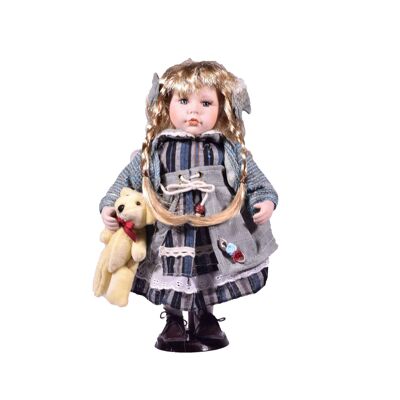 Bambola Tradizionale in Porcellana Bambina con Piedistallo in Legno 30,5cm - mod8
