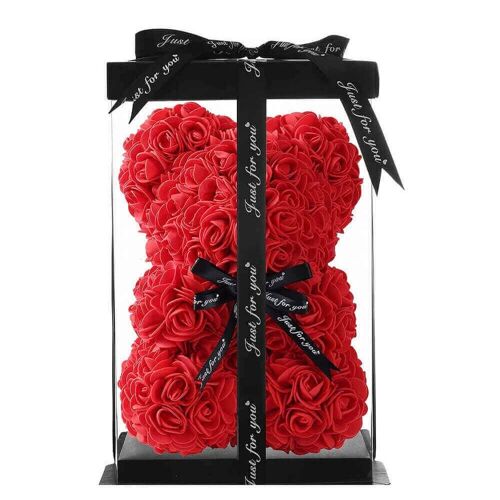 Valentine's Rose Bear with Gift Box - Artificial Roses Teddy 25cm