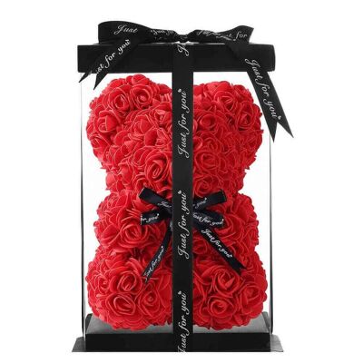 Valentine's Rose Bear with Gift Box - Artificial Roses Teddy 25cm