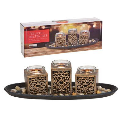 Tealight holder 3-set wood, glass black/gold 5-set