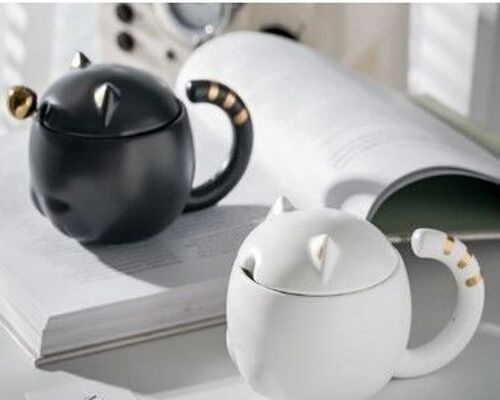 Ceramic Creative Cat Coffee Mug with  lid and spoon 300ml  in Gift Box  - TK-623